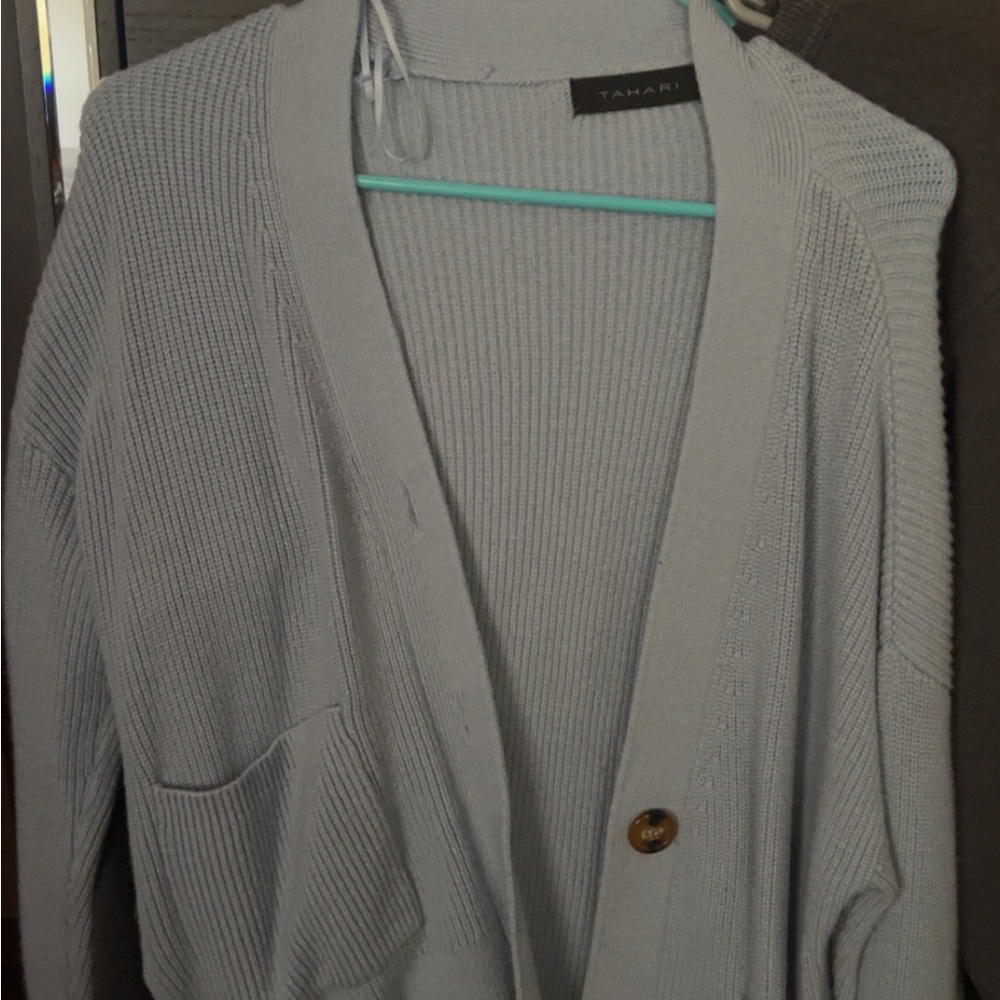 Tahari Gray Ribbed Cardigan Sweater